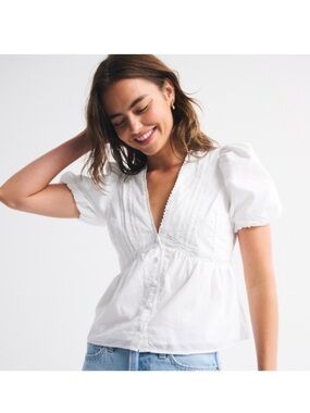 Abercrombie Puff Sleeve Button-Through Top White Boho V-Neck Blouse Large